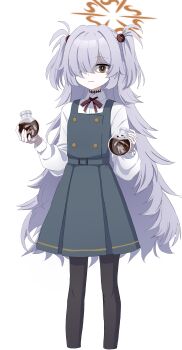 1girl absurdres black_pantyhose blue_archive blue_dress brown_eyes brown_halo brown_ribbon collared_shirt commentary_request cowboy_shot diagonal-striped_ribbon dot_nose dress dress_shirt feet_out_of_frame flask flat_chest hair_between_eyes hair_over_one_eye halo hands_up highres holding holding_flask kanoe_(blue_archive) long_hair long_sleeves looking_at_viewer messy_hair neck_ribbon one_eye_covered pantyhose parted_lips pinafore_dress pleated_dress puffy_sleeves purple_hair ribbon ribera round-bottom_flask scar scar_on_neck shaded_face shirt sidelocks simple_background sleeveless sleeveless_dress smile solo standing two_side_up very_long_hair white_background white_shirt