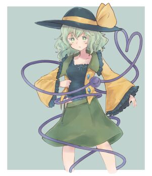 1girl black_hat black_panties black_shirt bow check_commentary collarbone commentary_request frilled_shirt frills green_eyes green_hair green_skirt hat hat_bow hat_ribbon highres karua_m komeiji_koishi looking_at_viewer medium_hair open_clothes open_shirt panties panty_peek partially_undressed ribbon shirt skirt solo third_eye touhou underwear undressing unzipped yellow_bow yellow_ribbon yellow_shirt