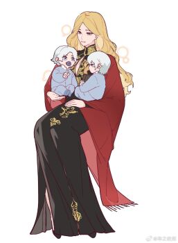 Rule 34 | 1girl, baby, blonde hair, blue eyes, blush, breasts, cleavage, dante (devil may cry), devil may cry (series), dress, eva (devil may cry), family, green eyes, highres, holding, long hair, mother and son, multiple boys, parent and child, smile, vergil (devil may cry), weibo 5344567239, white hair