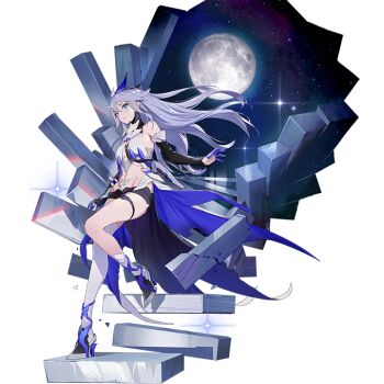 1girl bare_shoulders bella_(honkai_impact) benares_(honkai_impact) blue_eyes breasts detached_sleeves floating_hair floating_stairs full_body full_moon hair_between_eyes hair_ornament high_heels honkai_(series) honkai_impact_3rd jewelry long_hair medium_breasts moon navel night night_sky official_art purple_hair single_thighhigh sky star_(sky) starry_sky thighhighs thighlet third-party_source transparent_background