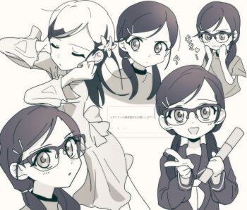 1girl ahiru_miku blush closed_mouth curious dress glasses greyscale hair_ornament happy highres long_hair medalist_(manga) monochrome multiple_views nzeneee open_mouth ribbon school_uniform serious smile twintails v