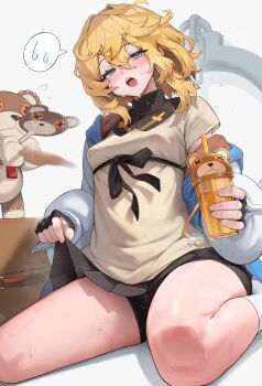 1boy absurdres bike_shorts bike_shorts_under_skirt black_gloves black_ribbon black_skirt blonde_hair blue_eyes blue_jacket blush breasts bridget_(guilty_gear) bulge clothes_lift commentary_request covered_erect_nipples cuffs cup fanning fingerless_gloves gloves guilty_gear guilty_gear_strive hair_between_eyes hakusyokuto hand_fan handcuffs highres holding holding_cup hood hooded_jacket hot jacket lifting_own_clothes long_sleeves looking_at_viewer male_focus male_with_breasts medium_hair off_shoulder open_clothes open_jacket open_mouth paid_reward_available ribbon roger_(guilty_gear) shirt short_sleeves sidelocks simple_background sitting skirt skirt_lift small_breasts socks solo_focus spoken_sweatdrop stuffed_animal stuffed_toy sweat sweatdrop teddy_bear teeth trap underbust upper_teeth_only wariza white_background white_socks yellow_shirt