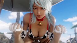 1boy 1girl 3d animated blue_eyes breasts cloud dead_or_alive dead_or_alive_xtreme dead_or_alive_xtreme_venus_vacation girl_on_top grabbing_another&#039;s_hand hetero highres interlocked_fingers lazyprocrastinator long_hair medium_breasts outdoors palm_tree patty_(doa) penis pussy sex silver_hair sky smile sound tree uncensored vaginal video