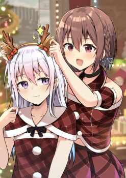 2girls :d absurdres animal_ears antlers black_choker blue_ribbon blurry blurry_background braid brown_capelet brown_dress brown_hair brown_sleeves cac_itinose capelet choker christmas closed_mouth collarbone commentary_request deer_ears depth_of_field detached_sleeves dress fake_animal_ears fake_antlers grey_hair hair_between_eyes hair_ribbon hand_up highres horns indoors multiple_girls open_mouth original plaid_capelet plaid_clothes plaid_dress plaid_sleeves puffy_short_sleeves puffy_sleeves purple_eyes reindeer_antlers ribbon short_sleeves smile wavy_mouth