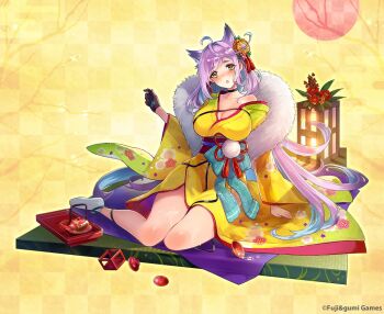 Rule 34 | 1girl, :o, ahoge, andon, aqua hair, arm support, blush, breasts, brown gloves, cleavage, colored inner hair, floral print, full body, gloves, hair ornament, japanese clothes, kimono, large breasts, long hair, looking at viewer, multicolored hair, nakatsun (gumi), obi, official alternate costume, official art, phantom of the kill, purple hair, sash, second-party source, sidelocks, sitting, socks, solo, tabi, tatami, vanargand (phantom of the kill), very long hair, wariza, wet, white socks, yellow eyes, yellow kimono