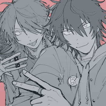 2boys arisugawa_dice asymmetrical_hair badge button_badge buttons coat dice drawstring fur-trimmed_coat fur_trim greyscale_with_colored_background hair_between_eyes hair_ornament hair_over_one_eye holding holding_dice hood hood_down hypnosis_mic jacket jacket_over_hoodie jewelry looking_at_viewer male_focus medium_hair mole mole_under_eye multiple_boys open_clothes open_jacket parted_bangs portrait red_background ring short_hair smile tongue tongue_out tsurime uchi_fxxk v v-shaped_eyebrows w yamada_ichiro