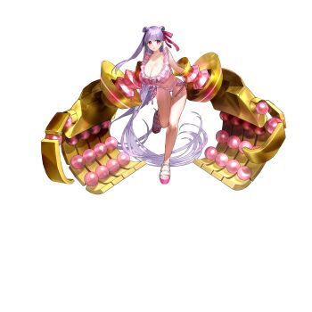 Rule 34 | 1girl, bare legs, bikini, blush, breasts, claws, cleavage, clothing cutout, double bun, fate/grand order, fate (series), full body, game cg, giant hand, hair bun, hair ribbon, highres, huge breasts, long hair, looking at viewer, navel, official art, oversized forearms, oversized limbs, passionlip (fate), passionlip (swimsuit saber) (first ascension) (fate), pink bikini, pink eyes, pink ribbon, pink shirt, purple hair, ribbon, sandals, shirt, shoulder cutout, smile, solo, standing, standing on one leg, swimsuit, tachi-e, third-party source, transparent background, two side up, very long hair, wada arco, white shirt