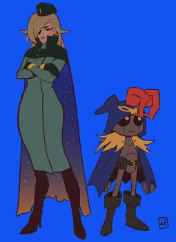 1boy 1girl absurdres artist_logo belt belt_pouch beret black_eyes black_sclera blonde_hair blue_background blue_cloak boots brown_belt brown_footwear buttons cape cloak collared_cape collared_dress colored_sclera commentary dress english_commentary eyepatch flat_color geno_(mario) gloves green_cape green_dress green_gloves hair_over_one_eye hakobeart hat high_collar highres logo long_hair mario_(series) nintendo pouch puppet rosalina solid_circle_eyes something_about starry_sky_print super_mario_galaxy super_mario_rpg two-sided_cape two-sided_fabric yellow_eyes