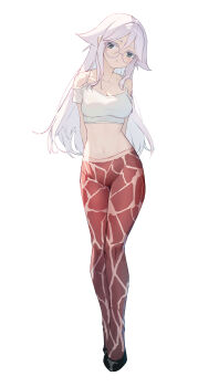 Rule 34 | 1girl, absurdres, akiyama haruno, animal print, arms behind back, bare shoulders, black shoes, breasts, chinese commentary, cleavage, closed mouth, collarbone, commentary request, crop top, full body, giraffe print, grey eyes, hair between eyes, hair over shoulder, highres, large breasts, leggings, liwen520, long hair, long sidelocks, looking at viewer, mono (afro), multicolored leggings, navel, red leggings, round eyewear, shoes, short sleeves, sidelocks, simple background, solo, standing, stomach, two-tone leggings, white background, white hair, white leggings
