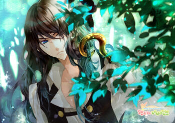 1boy animification bad_id bad_pixiv_id blue_eyes brown_hair captain_hook hook hook_hand leaf long_hair male_focus nature nokcy outdoors peter_pan_(novel) plant solo
