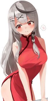 Rule 34 | absurdres, bare shoulders, black hair, blush, braid, china dress, chinese clothes, commentary request, dot nose, dress, grey hair, highres, hololive, long hair, multicolored hair, nema 029, pelvic curtain, red dress, red eyes, sakamata chloe, sleeveless, sleeveless dress, speech bubble, virtual youtuber