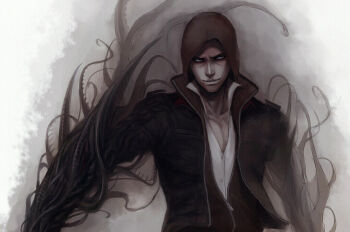 1boy activision alex_mercer arm_blade black_jacket blade_arm blue_eyes brown_hoodie hood hoodie jacket mutation prototype_(game) sleii tendril weapon