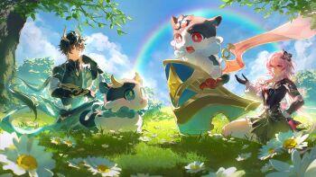 1boy 1girl black_hair bright_pupils chimera_(honkai:_star_rail) cloud cloudy_sky collar dan_heng_(honkai:_star_rail) dan_heng_(permansor_terrae)_(honkai:_star_rail) dan_heng_(toasty_dragon)_(honkai:_star_rail) dragon_boy dragon_horns dragon_tail dress evernight_(gummy_roll)_(honkai:_star_rail) evernight_(honkai:_star_rail) flower gloves hadanugi_dousa hashtag-only_commentary highres holding holding_scroll honkai:_star_rail honkai_(series) horns layered_clothes long_hair march_7th_(honkai:_star_rail) on_grass open_kimono pink_hair rainbow red_eyes scroll sitting sky tail teardrop tree very_long_hair white_flower yui_hakuchuumu