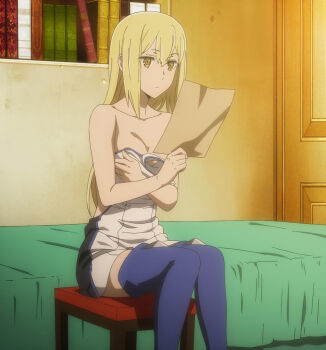 1girl aiz_wallenstein bare_shoulders bed bed_sheet blonde_hair blue_socks blue_thighhighs book bookshelf boots breasts cleavage closed_mouth collarbone door dress dungeon_ni_deai_wo_motomeru_no_wa_machigatteiru_darou_ka female_focus highres holding holding_paper indoors legs long_hair medium_breasts miniskirt paper reading sexually_suggestive sitting skirt socks solo solo_focus stitched stool sword_oratoria thigh_boots thighhighs thighs third-party_edit white_dress white_skirt yellow_eyes zettai_ryouiki