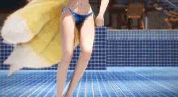 1girl 3d animal_ears animated animated_gif bikini blonde_hair bouncing_breasts breasts dancing female_focus fox_ears fox_tail large_breasts lowres multiple_tails short_hair solo swimsuit tail touhou yakumo_ran yellow_eyes