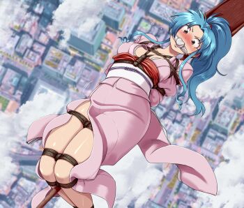 1girl arms_behind_back bdsm blue_hair blush bondage botan_(yu_yu_hakusho) bound breasts city cloud embarrassed female_focus flying gag gagged high_ponytail highres improvised_gag issa_castagno japanese_clothes kimono large_breasts legs long_hair oar outdoors pink_eyes ponytail restrained rope shibari shibari_over_clothes solo tears thighs yuu_yuu_hakusho