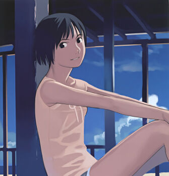 1girl absurdres black_hair cloud day female_focus highres original shirt short_hair sky smile solo takamichi yellow_shirt