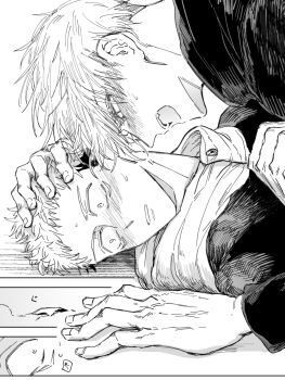 Rule 34 | 2boys, averting eyes, biting, blush, commentary request, gojou satoru, greyscale, hands on another's head, highres, hood, hood down, hooded jacket, itadori yuuji, jacket, jujutsu kaisen, jujutsu tech uniform, looking at another, male focus, monochrome, multiple boys, nay bb, on floor, open mouth, parted lips, short hair, teeth, undercut, yaoi