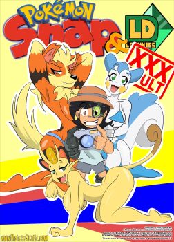 Rule 34 | 1boy, 3girls, arcanine, arms behind head, bikini, black hair, blonde hair, blue hair, breasts, camera, comic, curvy, deviantart username, gen 1 pokemon, gen 4 pokemon, green eyes, hand on another's shoulder, hat, highres, humanization, looking at viewer, meowth, moisesgrafic, multiple girls, nin10doh!, nintendo, orange eyes, orange fur, pachirisu, pokemon, pokemon snap xxx, seductive smile, smile, swimsuit, tail, white fur