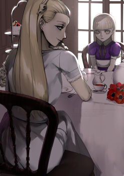 Rule 34 | 2girls, absurdres, alice (megami tensei), blonde hair, blue eyes, blunt bangs, chair, closed mouth, commentary, cup, demon (megami tensei), dress, english commentary, eyelashes, flower, highres, indoors, long hair, looking back, louisa ferre, multiple girls, on chair, plate, purple dress, red flower, shin megami tensei, shin megami tensei: strange journey, sitting, smile, table, tea, teacup, tomokoeshi, window, yellow eyes