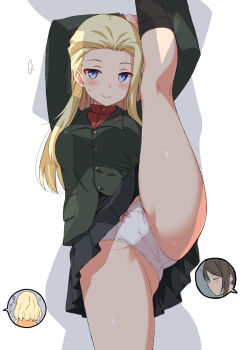 Rule 34 | ..., 3girls, black hair, black skirt, black socks, blonde hair, blue eyes, blush, clara (girls und panzer), closed mouth, commentary request, from behind, girls und panzer, green jacket, highres, jacket, katyusha (girls und panzer), leg up, long hair, multiple girls, nakamura yukitoshi, nonna (girls und panzer), panties, pleated skirt, pravda military uniform, red shirt, shirt, sidelocks, simple background, skirt, smile, socks, solo focus, split, spoken character, spoken ellipsis, standing, standing on one leg, standing split, thighs, underwear, white background, white panties