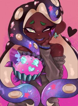 Rule 34 | 1girl, bare shoulders, black hair, dark-skinned female, dark skin, earrings, food, green eyes, heart, jewelry, looking at viewer, marina (splatoon), nintendo, octoling, one eye closed, pink background, pov, purple hair, splatoon (series), star (symbol), sweater, tentacle hair, tobayeru, twintails, white hair, wink