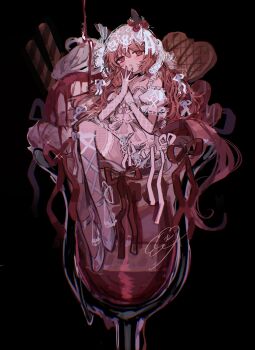 1girl absurdres alternate_costume animal_ears breasts brown_hair chocolate commentary_request dark_background dress food full_body hair_between_eyes hair_ornament highres horse_ears horse_tail kumo_(mokumoku_warabi) parfait red_eyes simple_background solo still_in_love_(umamusume) tail thighhighs umamusume