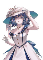 Rule 34 | 1girl, :o, absurdres, alternate costume, alternate hair length, alternate hairstyle, arknights, armpits, astesia (arknights), back bow, blue bow, blue eyes, blue hair, blunt ends, bob cut, bow, bracelet, breasts, cleavage, commentary, dress, english commentary, feather hair, flower, gloves, half gloves, hat, hat flower, highres, jewelry, medium breasts, necklace, pearl bracelet, rose, short hair, simple background, solo, white background, white dress, white flower, white gloves, white hat, white rose, zhuang yao