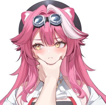 1girl 1other animal_ear_fluff animal_ears beret black_hat blush commentary extra_ears facing_viewer goggles goggles_on_head grabbing_another's_chin hand_on_another's_chin hat hololive hololive_english long_hair meme multicolored_hair panther_ears panther_girl pink_hair pov pov_cheek_grabbing_(meme) pov_hands raora_panthera raora_panthera_(1st_costume) raora_panthera_(artist) sideways_glance streaked_hair unhappy virtual_youtuber white_hair yellow_eyes