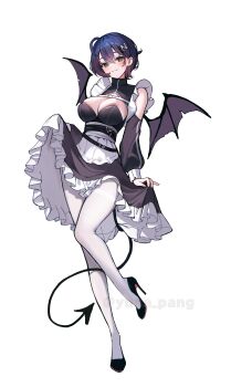 1girl absurdres alternate_breast_size_(larger) alternate_costume apron belle_(zenless_zone_zero) black_dress black_shoes blue_hair breasts closed_mouth commentary_request demon_tail demon_wings dress enmaided full_body green_eyes hair_between_eyes hair_ornament high_heels highres large_breasts letter_hair_ornament maid pantyhose shoes short_hair simple_background sketch smile solo standing standing_on_one_leg tail twitter_username white_apron white_background white_pantyhose wings yuna_(deadawon) zenless_zone_zero