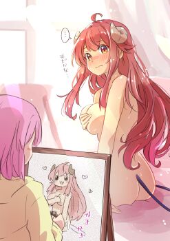 2girls absurdres ahoge ass blush chiyoda_momo completely_nude covering_breasts covering_privates demon_horns demon_tail highres horns icorasama long_hair machikado_mazoku modeling multiple_girls nude nude_modeling pink_hair red_hair sitting sweat tail translated yokozuwari yoshida_yuuko