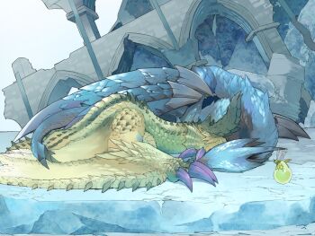 animal_focus blue_scales bug claws closed_eyes commission cuddling dragon folded_wings green_scales highres horns ice monster monster_hunter_(series) no_humans outdoors rubble ruins scales shagaru_magala skeb_commission sleeping tail taneimo_drop valstrax wings