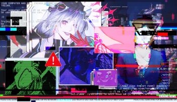 000_(path_to_nowhere) 2girls commentary glitch grin highres linceyang multiple_girls path_to_nowhere sign smile solo_focus static warning_sign