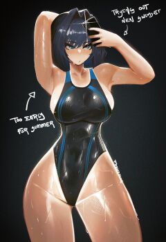 1girl absurdres arm_behind_head arrow_(symbol) black_background black_one-piece_swimsuit blue_eyes blue_hair blue_nails blush breasts camera_flash cellphone closed_mouth commentary cowboy_shot curvy english_commentary english_text eyelashes fingernails franzilla hair_intakes highleg highleg_one-piece_swimsuit highres holding holding_phone hololive hololive_english large_breasts nail_polish one-piece_swimsuit ouro_kronii phone shiny_skin short_hair sideboob smartphone solo sweat swimsuit tan tanline thighs very_sweaty virtual_youtuber wide_hips