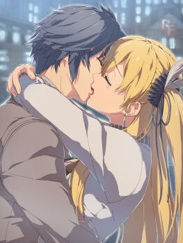 Rule 34 | 1boy, 1girl, alisa reinford, blonde hair, blue hair, blurry, blurry background, chiharu (9654784), closed eyes, coat, commentary request, couple, earrings, eiyuu densetsu, grey coat, hetero, highres, hug, jacket, jewelry, kai no kiseki, kiss, kuro no kiseki (series), long hair, rean schwarzer, short hair, teardrop earrings, white jacket