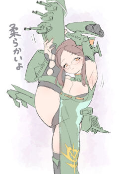 1girl armor armpits arms_up bare_shoulders black_leotard blush breasts brown_hair cleavage commentary_request dress green_dress gundam hair_ornament highres large_breasts leotard long_hair looking_at_viewer mobile_suit_gundam musai orange_eyes parted_bangs personification ponytail round_eyewear sidelocks smile solo split standing standing_on_one_leg standing_split thighhighs torn_clothes torn_thighhighs translation_request weapon yazawa_owl