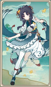 1girl 40dujiu absurdres animal_ears asymmetrical_legwear bell black_eyes black_hair blue_dress blue_eyes bow-shaped_hair braid chinese_clothes chinese_commentary closed_mouth commentary_request dress facial_mark flower forehead_mark frills full_body genius_invokation_tcg_(style) hair_ornament highres huadian kneehighs long_hair looking_at_viewer mole mole_under_eye original parted_bangs red_pupils shoes single_kneehigh single_sock single_thighhigh smile socks solo tassel thighhighs twin_braids watermark white_dress