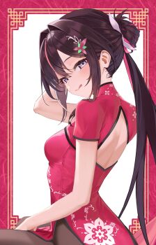 1girl absurdres alternate_costume arm_up azki_(hololive) back_cutout black_hair blush breasts brown_hair brown_pantyhose china_dress chinese_clothes chinese_knot_border closed_mouth clothing_cutout colored_inner_hair come_hither commentary dress floral_print hair_behind_ear hair_bun hair_intakes hair_ornament highres hololive long_hair looking_at_viewer median_furrow medium_breasts multicolored_hair outside_border pantyhose pink_dress pink_hair pink_streaks ponytail purple_eyes sidelocks simple_background single_hair_bun smallpine_7 smile solo streaked_hair tongue tongue_out turning_head untranslatable_commentary very_long_hair virtual_youtuber white_background white_streaks