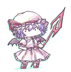 Rule 34 | 1girl, aokukou, bat wings, black wings, blue hair, chibi, collared shirt, commentary request, frilled shirt, frilled shirt collar, frilled skirt, frills, hat, hat ribbon, lowres, mob cap, no mouth, no nose, pink hat, pink shirt, pink skirt, red footwear, red ribbon, remilia scarlet, ribbon, shirt, short hair, simple background, skirt, socks, solo, spear the gungnir, touhou, white background, white socks, wings