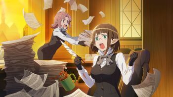 2girls anime_coloring black_gloves black_pants black_vest blunt_bangs bow bowtie breasts brown_hair chair coffee coffee_mug cup curtained_hair danmachi_battle_chronicle desk dungeon_ni_deai_wo_motomeru_no_wa_machigatteiru_darou_ka eina_tulle elf flying_paper game_cg gloves green_eyes grey_bow grey_bowtie highres holding holding_paper holding_quill leaning_forward long_sleeves medium_breasts misha_flott mug multiple_girls non-web_source official_art on_chair open_mouth pants paper paper_stack papers parted_bangs pink_eyes pink_hair pointy_ears quill shirt short_hair sidelocks spilling sweatdrop teardrop vest white_shirt window