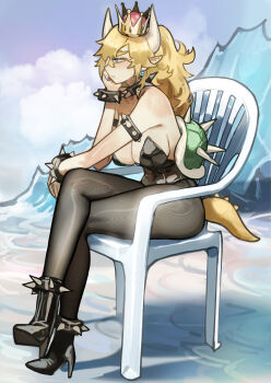 1girl absurdres armlet black_pantyhose blonde_hair bowser bowsette bracelet breasts chair collar crossed_legs crown devil_may_cry_(series) devil_may_cry_5 genderswap genderswap_(mtf) highres jewelry large_breasts legs leotard long_hair mario_(series) meme miao_jiangyou monobloc_(chair) new_super_mario_bros._u_deluxe nintendo pantyhose pointy_ears scene_reference sitting spiked_armlet spiked_bracelet spiked_collar spiked_shell spiked_tail spiked_thighlet spikes super_crown super_mario_bros._1 tail turtle_shell vergil's_chair_(meme)