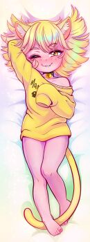 1girl absurdres animal_ears bare_shoulders barefoot bed_sheet black_choker blonde_hair blush cat_ears cat_girl cat_tail choker dakimakura_(medium) fang feet female flat_chest full_body highres indie_virtual_youtuber loli long_sleeves looking_at_viewer lying no_bra nyana_banyana nymphedahlia on_back one_eye_closed shirt short_hair smile tail teeth thighs toes virtual_youtuber yellow_eyes yellow_shirt