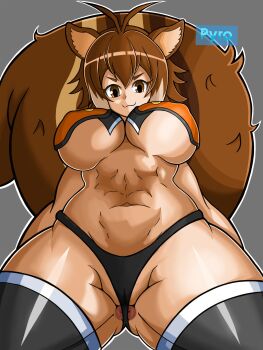 1girl animal_ears anus anus_peek blazblue breasts brown_hair from_below highres large_breasts makoto_nanaya party_hat_pyro short_hair squirrel_ears squirrel_tail tail thighhighs thong underboob