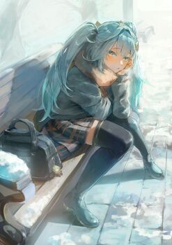 1girl absurdres alternate_costume bag bag_charm bare_tree bench black_bag black_boots blue_cardigan blue_hair blue_skirt blunt_bangs boots brown_eyes brown_scarf cardigan charm_(object) collei_(genshin_impact) commission cowlick faruzan_(genshin_impact) from_side full_body genshin_impact hair_ornament hand_on_own_face head_rest highres long_hair long_sleeves looking_at_viewer outdoors parted_lips pixiv_commission plaid_clothes plaid_skirt pleated_skirt robizou_(robizou285) scarf school_bag school_uniform sitting skirt snow solo symbol-shaped_pupils thigh_boots tree triangle-shaped_pupils twintails winter x_hair_ornament