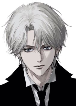 1boy black_necktie blue_eyes character_request check_character earrings eyelashes highres jewelry looking_at_viewer male_focus necktie parted_bangs pierre_tempete_de_neige portrait short_hair simple_background solo sso_s sugar_sugar_rune white_background white_hair