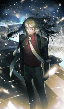 1boy araya_(hachino_araya) arms_at_sides black_gloves black_hair black_jacket black_pants clenched_hands closed_mouth collared_shirt commentary_request dress_shirt fate/grand_order fate_(series) feet_out_of_frame game_cg glasses gloves grey_eyes hair_between_eyes jacket long_hair long_sleeves looking_at_viewer lord_el-melloi_ii lord_el-melloi_ii_case_files male_focus necktie official_art on_train open_clothes open_jacket pants red_shirt shirt solo standing stole suit_jacket third-party_source train v-shaped_eyebrows waver_velvet wind yellow_necktie