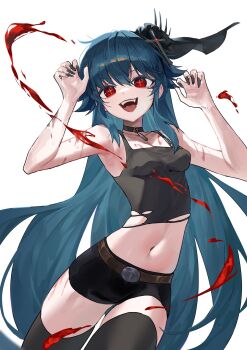 1girl aco_(aco_7313) aqua_hair armpits belt bianca_(black_survival) black_choker black_shoes black_survival blood breasts brown_belt choker claw_pose cleavage commentary_request cowboy_shot crosshair_pupils eternal_return:_black_survival fake_nails fangs fingernails grey_nails grey_tank_top grey_thighhighs hair_between_eyes highres korean_commentary long_bangs long_fingernails long_hair looking_at_viewer medium_breasts midriff navel open_mouth palms red_eyes shoes short_shorts shorts simple_background smile solo tank_top thigh_strap thighhighs torn_clothes torn_tank_top v-shaped_eyebrows very_long_hair white_background wispy_bangs