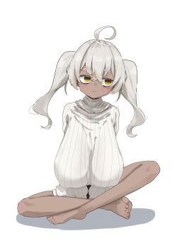 1girl absurdres ahoge arms_between_legs bags_under_eyes blush breasts covered_erect_nipples crossed_legs dark-skinned_female dark_skin empty_eyes fon_(96nokimihito) frown highres huge_breasts indian_style long_hair original sagging_breasts shadow sitting solo sweater twintails white_background white_hair white_sweater yellow_eyes