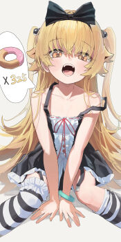 1girl absurdres bare_shoulders berserker_r blonde_hair blush bow breasts chinese_commentary commentary_request dress hair_bow highres long_hair looking_at_viewer monogatari_(series) open_mouth oshino_shinobu pointy_ears sitting small_breasts solo striped_clothes striped_thighhighs thighhighs twintails vampire wariza yellow_eyes
