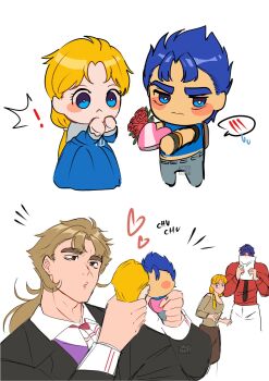 1girl 2boys 7aizagatha blonde_hair blue_eyes blue_hair blush bouquet brown_eyes brown_hair couple embarrassed erina_pendleton flower formal_clothes highres husband_and_wife jojo_no_kimyou_na_bouken jonathan_joestar kiss multiple_boys muscular muscular_male necktie phantom_blood robert_e._o._speedwagon stuffed_toy surprised valentine_chocolate white_background